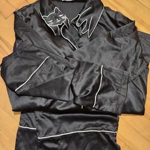 Black Satin Cat Embroidered Pajama Set
